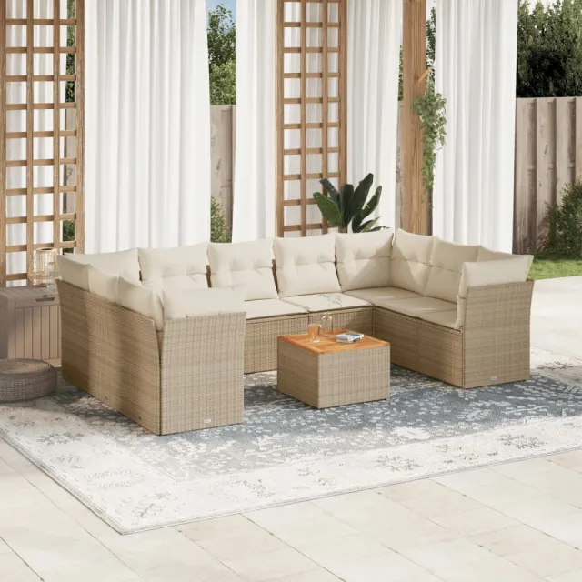 vidaXL 10-delige Loungeset met kussens poly rattan beige, foto 2