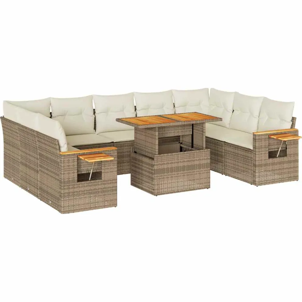 vidaXL 10-delige Loungeset met kussens poly rattan acacia beige, foto 3