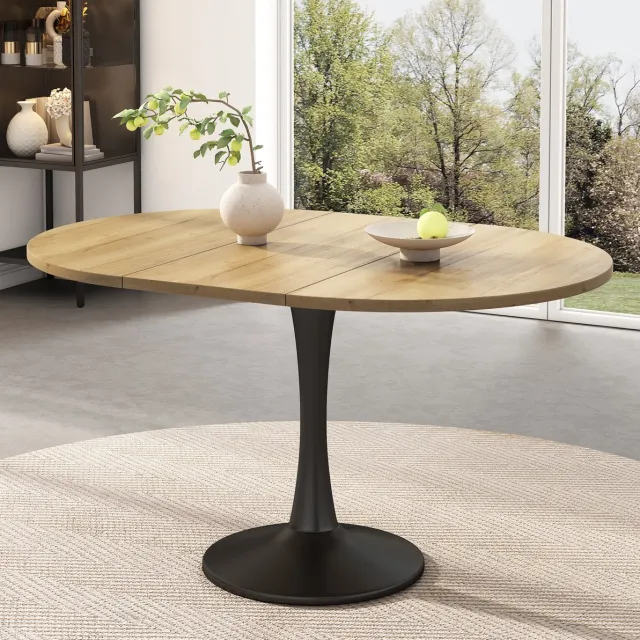 DESMIU Uitschuifbare Eettafel - Ovaal MDF Tafelblad - Verlengbaar Voor Eetkamer - Metalen Onderstel - 100/140x100x75 Cm - Eikenkleur