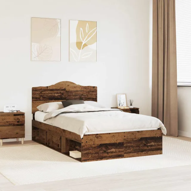 vidaXL Bedframe met hoofdeinde Oudhout 135 x 190 cm Massief grenenhout Bruin