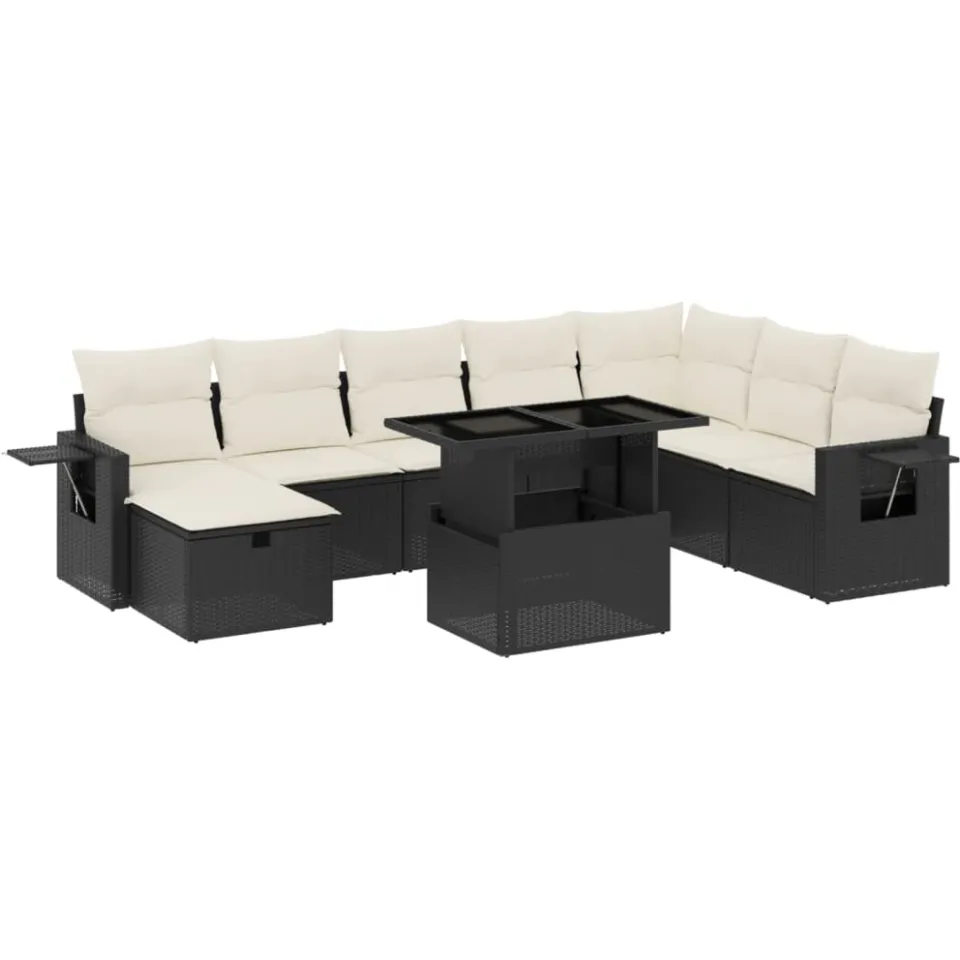 vidaXL 9-delige Loungeset met kussens poly rattan zwart, foto 3