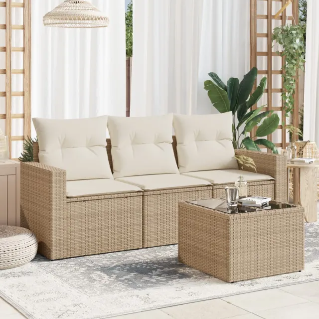 vidaXL 4-delige Loungeset met kussens poly rattan beige, foto 2