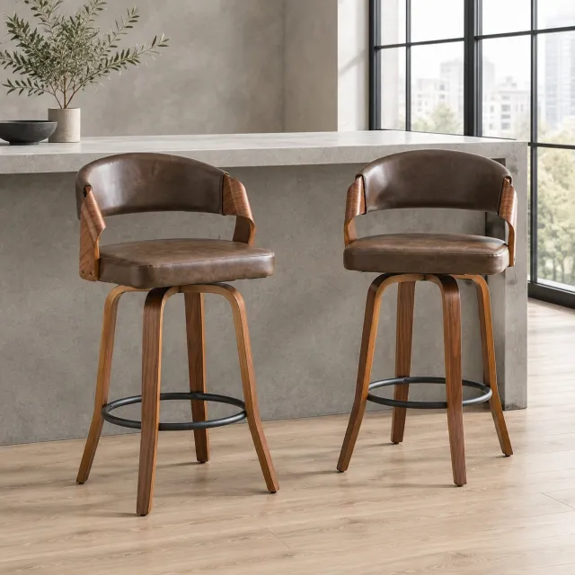 CHICFURN Barkruk - Set van 2 - Met rugleuning - Houten onderstel - Bruin