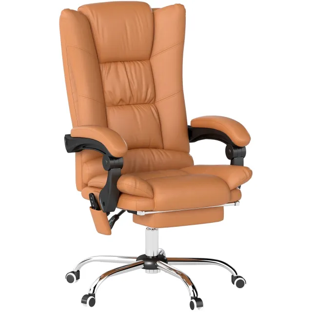 Vinona Bureaustoel met massagefunctie - Met 4 vibratiepunten en lendenverwarming - In hoogte verstelbaar - Rugleuning verstelbaar tot 135° - Met voetensteun - Kunstleer - 64 x 70 x 110-118 cm - Lichtbruin