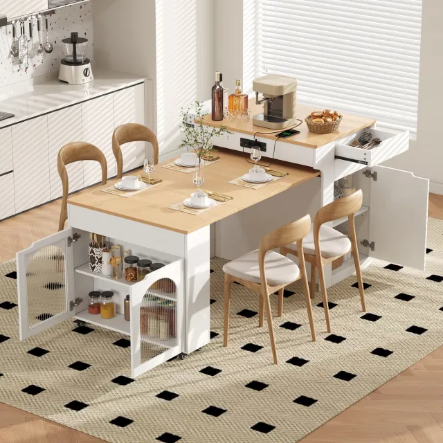 MIVRAY Uitklapbare Eettafel Keukeneiland Met Wielen En Opbergruimte Glazen Deuren En Lades Wit Houtkleur Blad 153 Cm