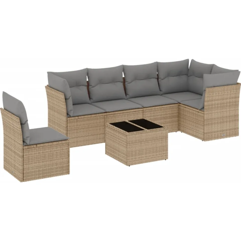 vidaXL 7-delige Loungeset met kussens poly rattan beige, foto 3