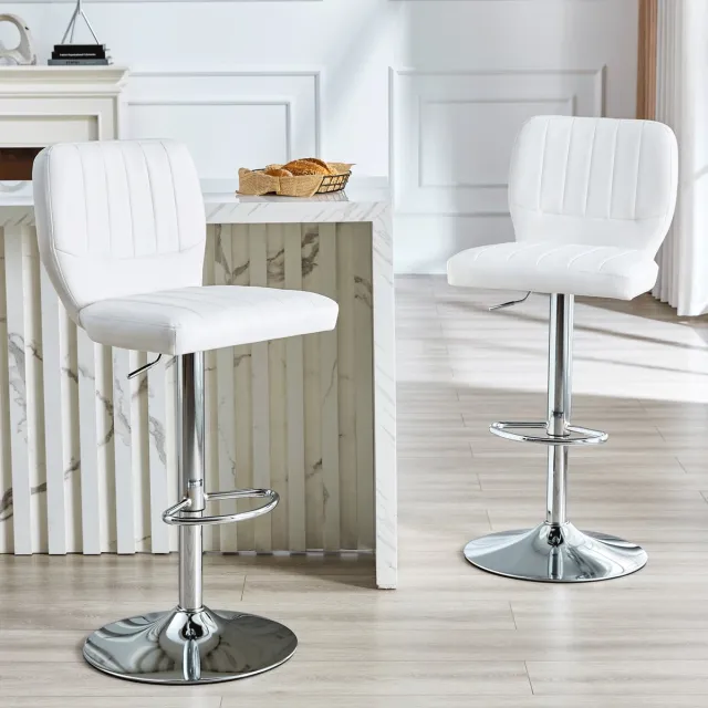 MIVRAY Barkruk 62-83 Cm - Verstelbaar En 360 Graden Draaibaar - Set Van 2 Voor Keuken En Bar - Kunstleer En Metaal - Wit Zilver