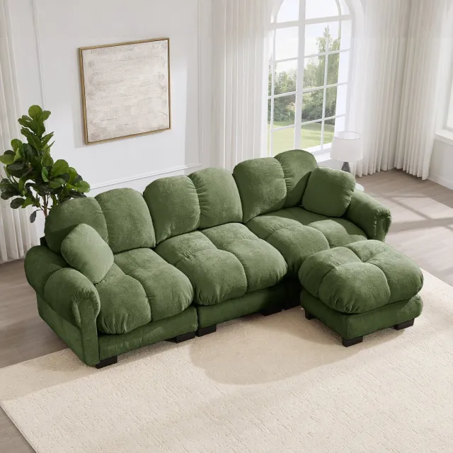 OKWISH Hoekbank 260 x 149 x 90 cm – 3-Zits L-Vormige Bank Met Mobiele Ottomane – Dikke Zitkussens & 2 Sierkussens – Chenille – Groen