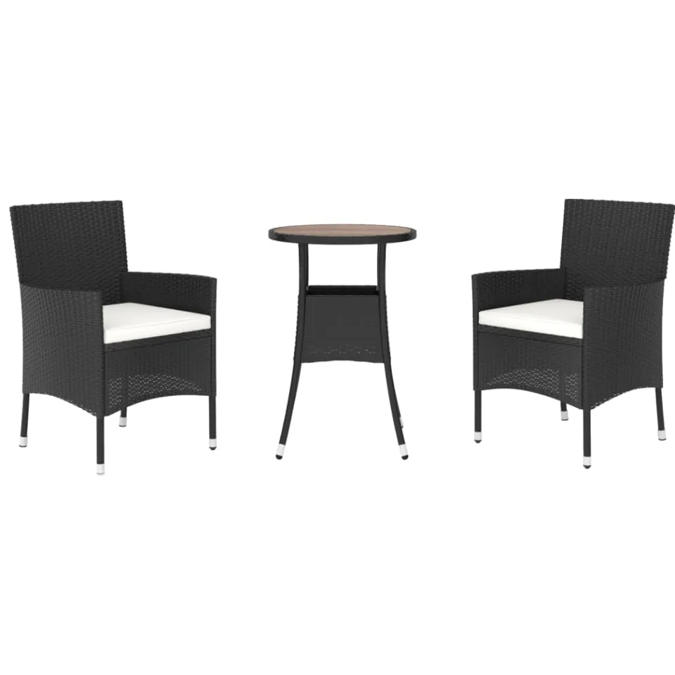 vidaXL 3-delige Bistroset met kussens poly rattan zwart
