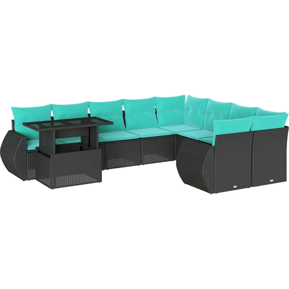 vidaXL 10-delige tuinbankset met kussens van zwart polyrotan, foto 3