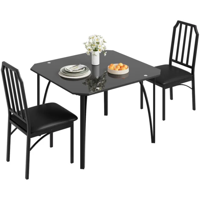 Triumpunpre Eetkamerset 3-delig – 1x Eettafel met Zwart Glazen Blad + 2x Gestoffeerde Eetkamerstoelen – Modern Hoekig Design – Compacte Eethoek voor 2 Personen – Geschikt voor Keuken, Eetkamer en Woonkamer