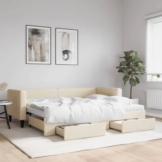 vidaXL Slaapbank met onderschuifbed en lades 80x200 cm stof crèmekleur