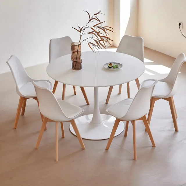 Mila Shop Eetkamerset - Ronde eettafel - 6 Eetkamerstoelen - Houten poten - Kunststof - Wit