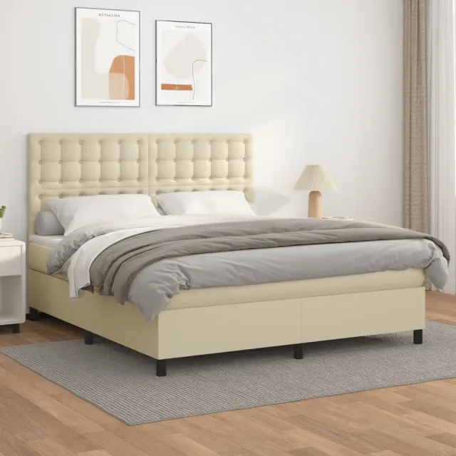 vidaXL Boxspring met matras kunstleer crèmekleurig 160x200 cm