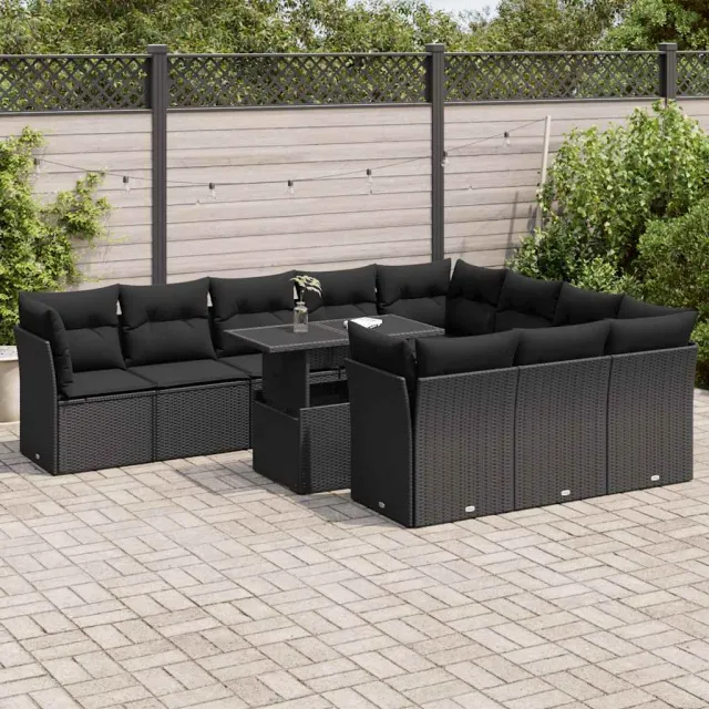 vidaXL 11-delige Loungeset met kussens poly rattan zwart, foto 2