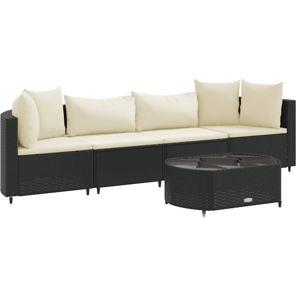 vidaXL 5-delige Loungeset met kussens poly rattan zwart, foto 4