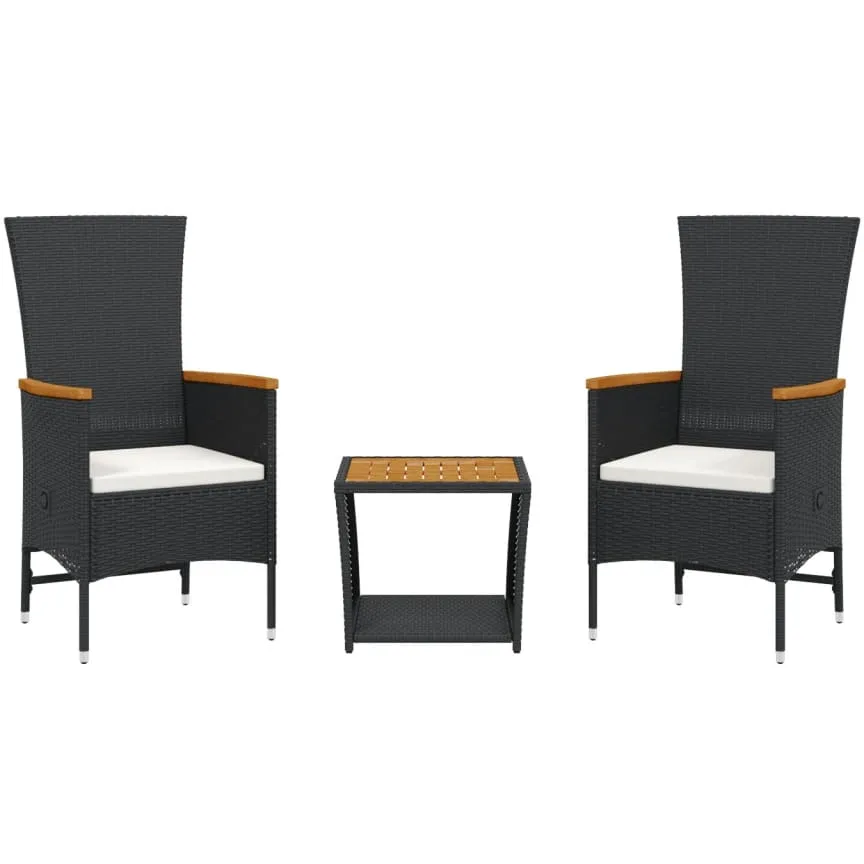 vidaXL 3-delige Tuinset met kussens poly rattan zwart