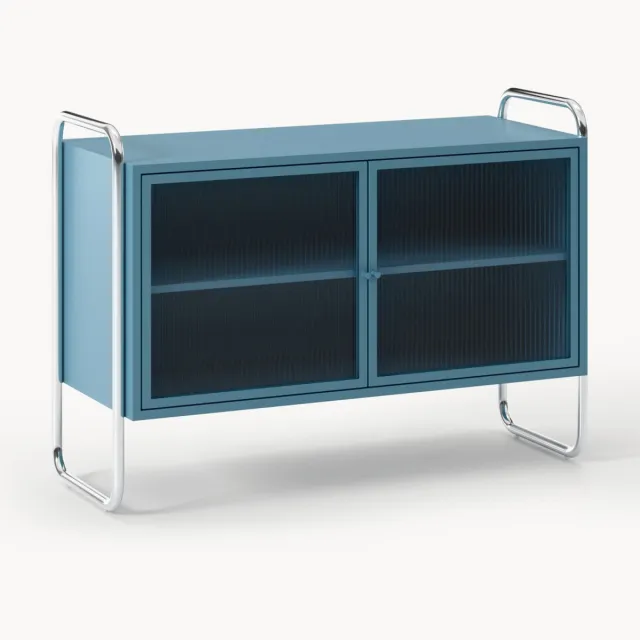 Westwing Collection Metalen dressoir Robyn met glazen front blauw, zilverkleurig