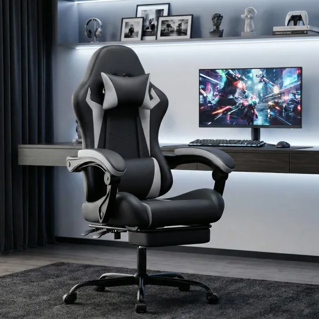 MEUNIQ Ergonomische gamingstoel zwart/wit met verstelbare hoofdsteun, lendenkussen, gekoppelde armleuningen, kantelbare rugleuning en uitschuifbare voetsteun