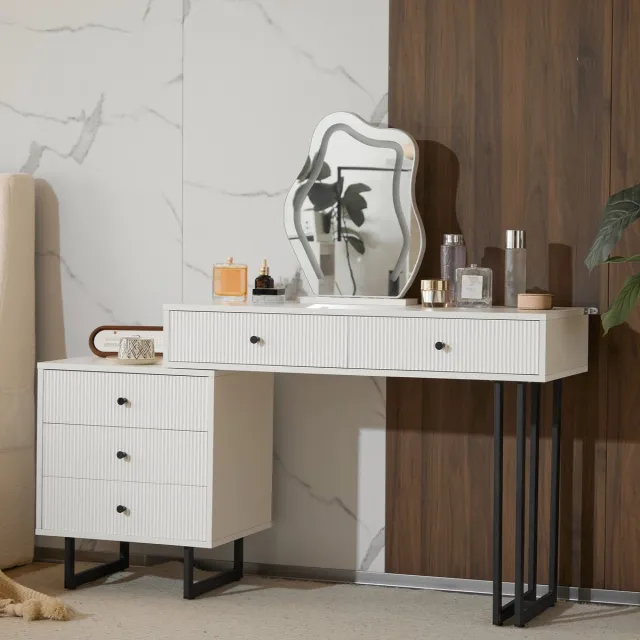 HAUSS SPOLE Kaptafel - Verstelbare Spiegel Met Dimbare Led - 5 Lades Voor Slaapkamer En Kleedruimte - Spaanplaat Hoogglans Wit - 100x40x76 Cm