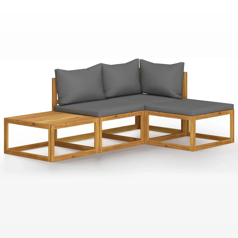 vidaXL 4-delige Loungeset met kussens massief acaciahout grijs, foto 4