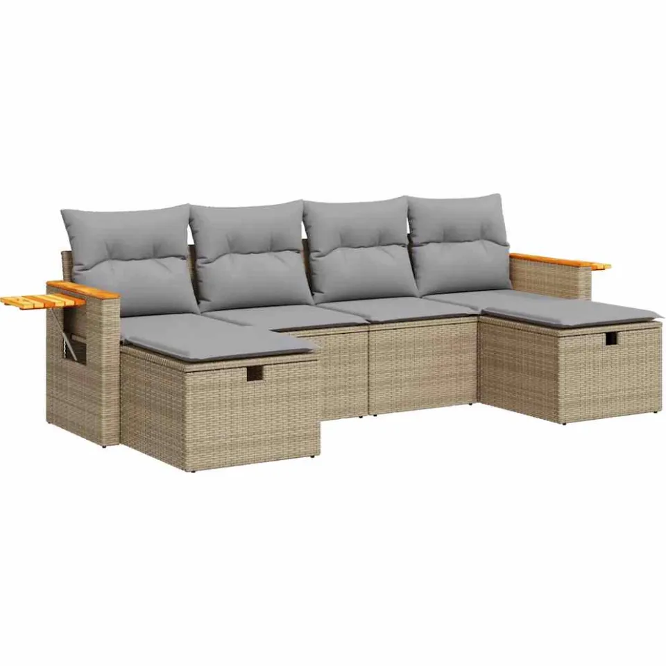 vidaXL 6-delige Loungeset met kussens poly rattan beige, foto 3