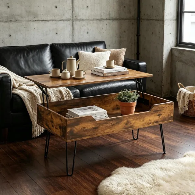 MODFU Salontafel - Verstelbaar Opklapbaar Blad - Opbergruimte - Houtlook - Walnootbruin Zwart Walnootkleurig