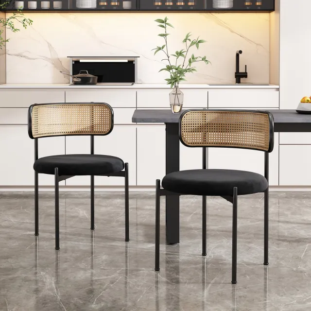 Maisentiel Eetkamerstoelen set van 2 - 75 cm - velvet met rotan rugleuning - zwart