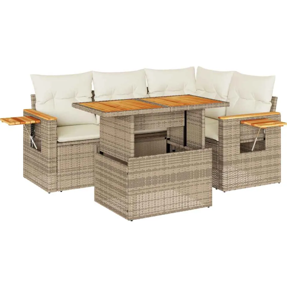vidaXL 5-delige Loungeset met kussens poly rattan en acaciahout beige, foto 3