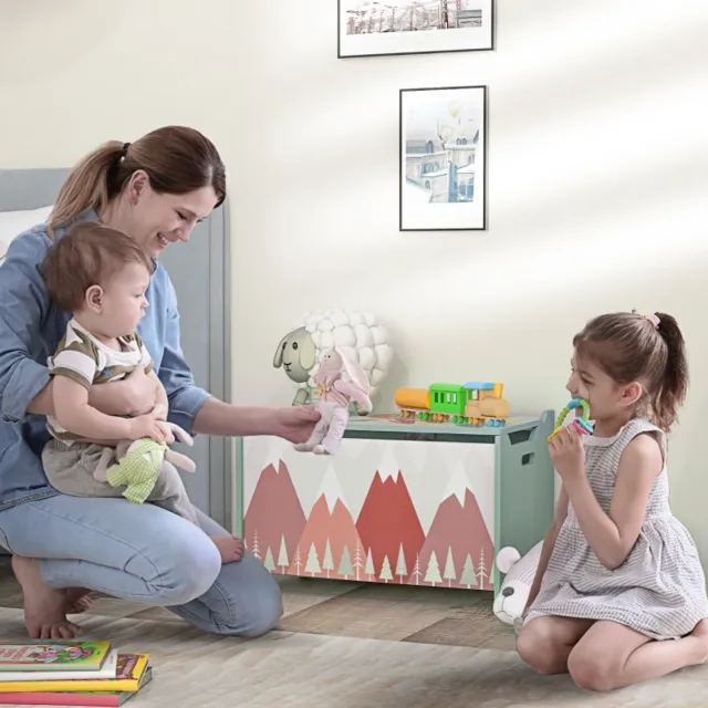 DESMIU Speelgoedkist – Veiligheidsscharnier – 60 x 37 x 39 cm – Hout – Groen – Opbergruimte Voor De Kinderkamer – Klapdeksel