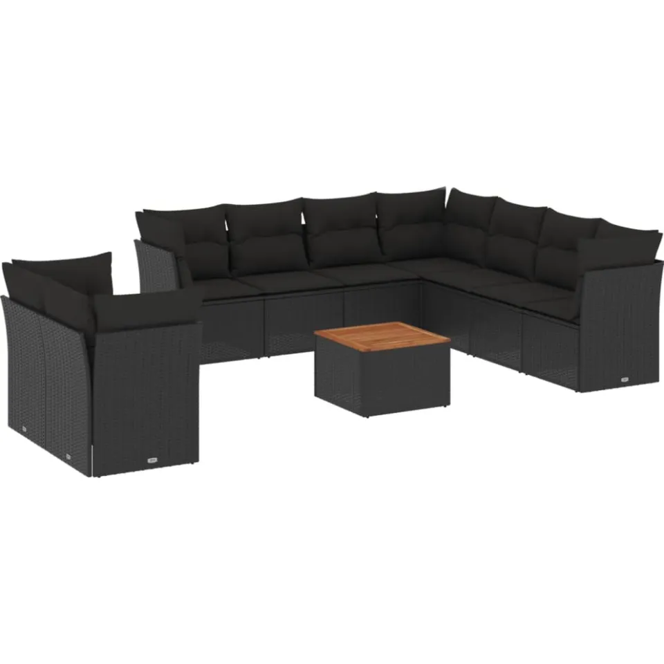 vidaXL 10-delige Loungeset met kussens poly rattan zwart