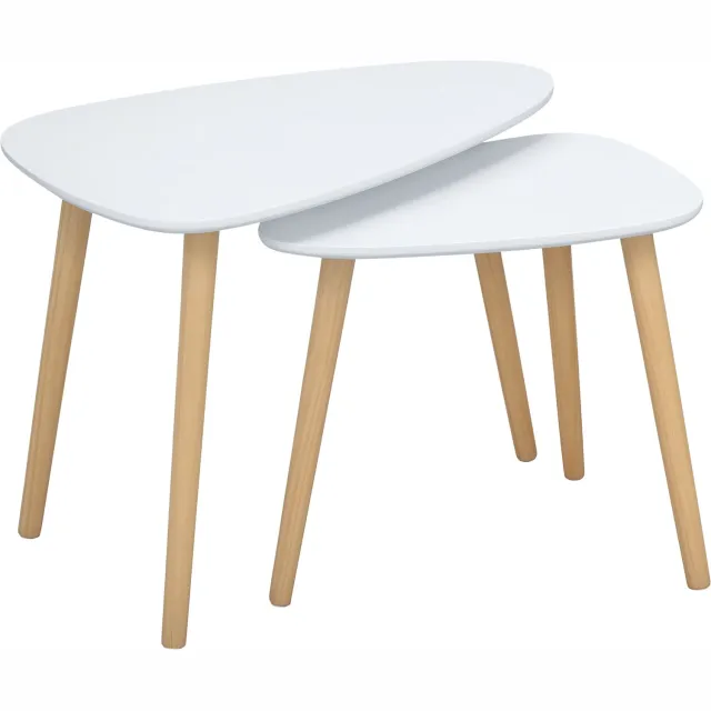 Lunpog set van 2 bijzettafels, ruimtebesparende settafels, salontafels met houten poten, banktafels in Scandinavisch design voor de woonkamer Maximale belasting tot 10 kg wit+naturel