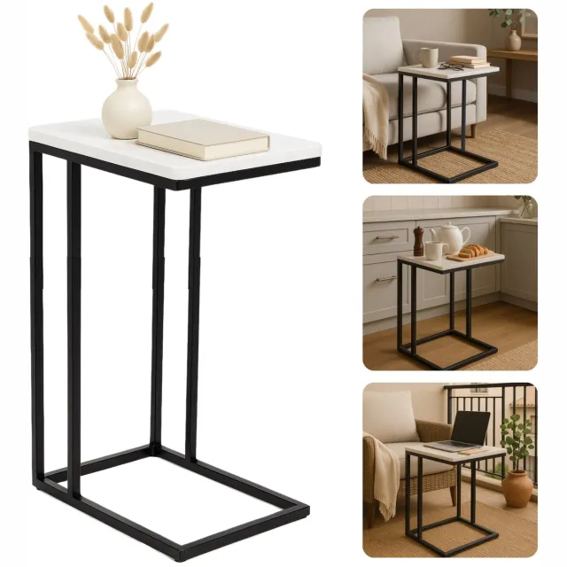 Cheqo Bijzettafel - Bedtafel - Laptoptafel - Banktafel - Bijzettafeltje - Salontafel - Bijzet Tafel - Metaal - Marmeren MDF Tafelblad - Kleine Moderne Tafel - Wit