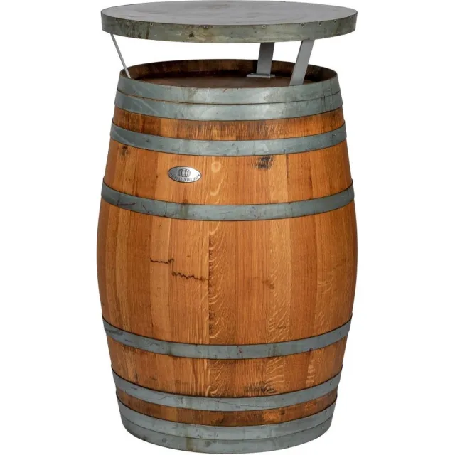 BarrelAtelier Bartafel Wijn 225l. "Rioja DeLuxe" gegalvaniseerd blad, geborsteld, geschuurd, donker geolied / Statafel / Eikenhout / Wijnvat Tafel Houtkleur (donker gebeitst)