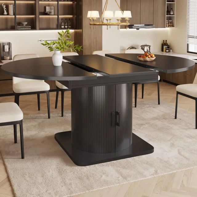 WUVRIE Uitschuifbare eettafel 118-158x118 cm - Verborgen opbergruimte en glashouder - Zwart