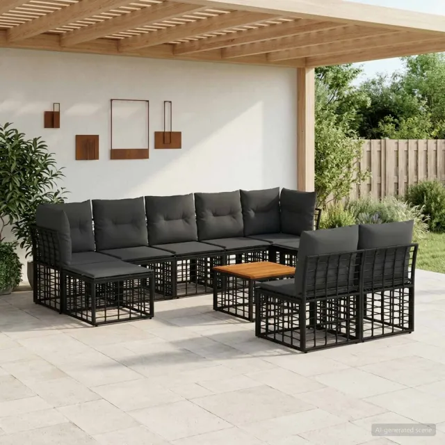 vidaXL Buiten bankenset 10 st 9-zits Zwart en Donkergrijs Polyester