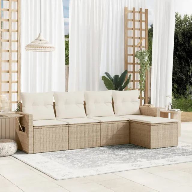 vidaXL 5-delige Loungeset met kussens poly rattan beige, foto 2