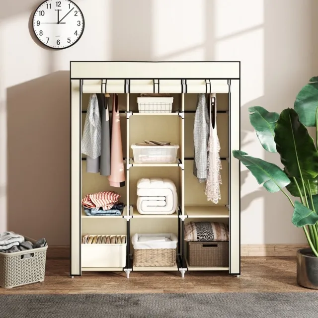 WUVRIE Stoffen kledingkast 125x43x162,5 cm - 2 kledingroedes en 8 legplanken - Crèmewit