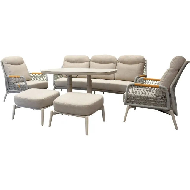 AVH-Collectie Monza stoel bank dining loungeset 6 delig verstelbaar latte rope Grijs, Zand / Latte / Linen