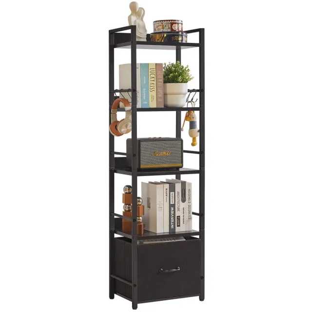 Famanu Ladderplank met 5 lagen en stoffen lade, industriële boekenplank met stalen frame, hoge smalle boekenkast voor slaapkamer en woonkamer, zwart