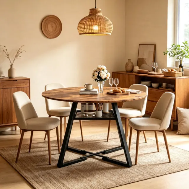 ROSAHQNDA Ronde eettafel 120x120x75 cm, eettafel voor 4-6 personen met metalen onderstel, industriële keukentafel met open opbergvak, houten tafelblad met zwart frame