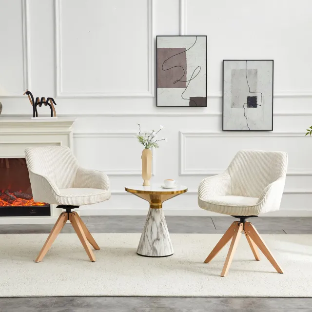 MODENUIT Eetkamerstoel Set Van 2 - 360 Graden Draaibaar - Retro Voor Eetkamer En Kantoor - Velvet - Off White - Hout Crèmewit