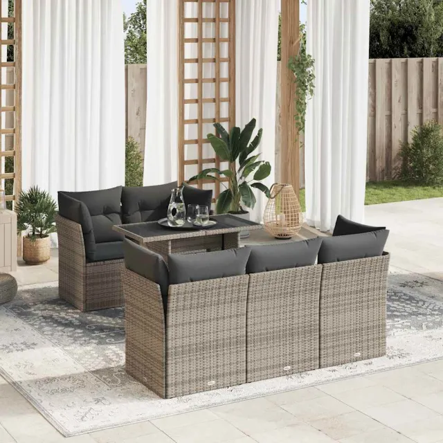 vidaXL 6-delige Loungeset met kussens poly rattan acacia grijs, foto 2