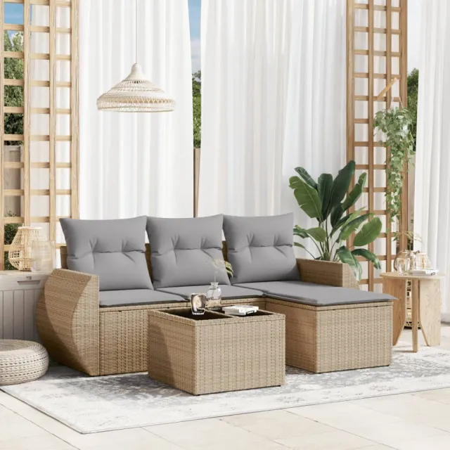 vidaXL 5-delige Loungeset met kussens poly rattan beige, foto 2