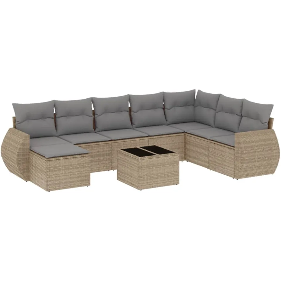 vidaXL 9-delige Loungeset met kussens poly rattan beige