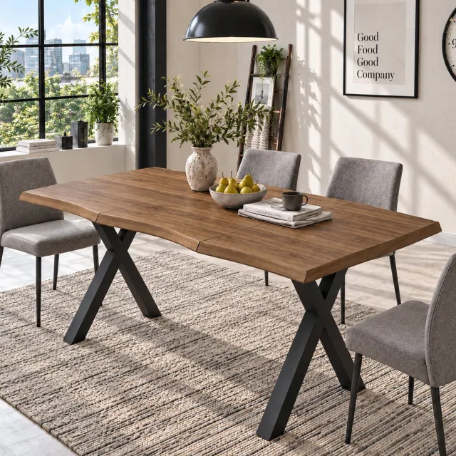 DESMIU Eettafel - Golvende Rand en X-Vormige IJzeren Poten - Voor 4 tot 6 Personen in de Eetkamer - MDF en IJzer - 160x78x77 cm - Walnootkleur