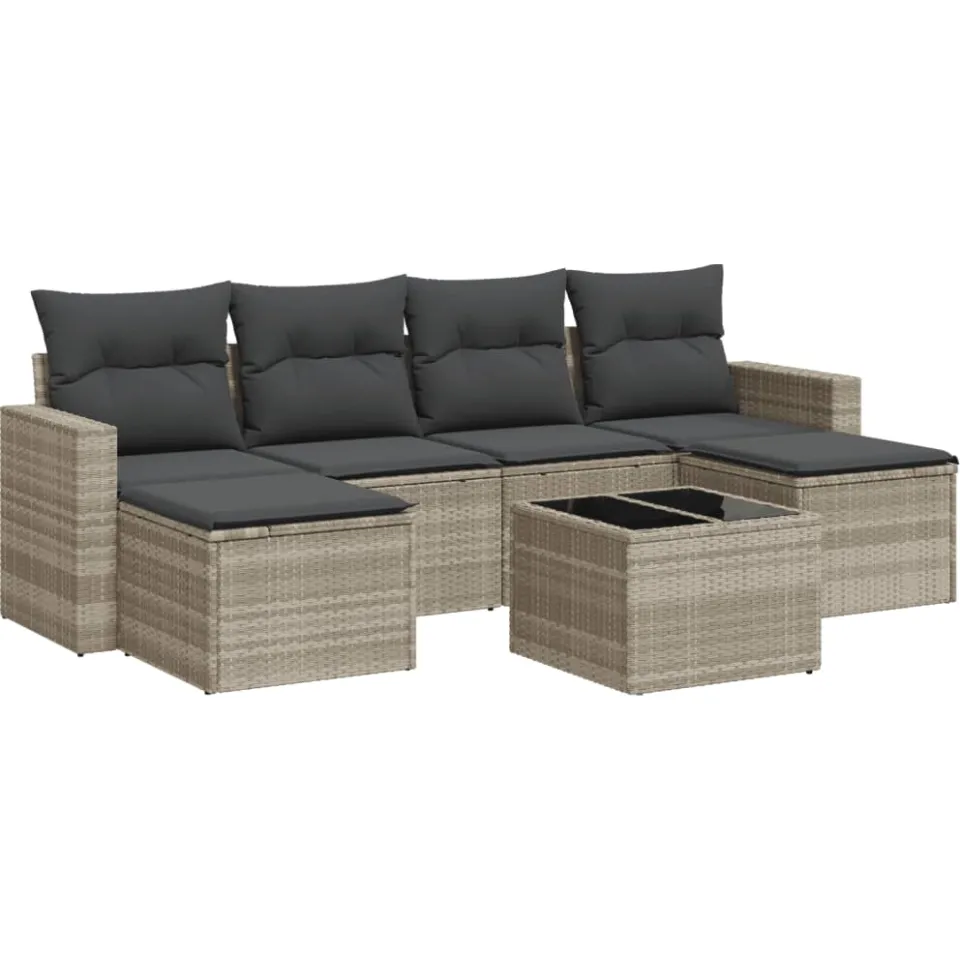 vidaXL 7-delige Loungeset met kussens poly rattan lichtgrijs