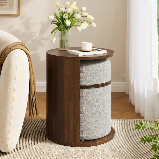 Maisentiel Ronde bijzettafel met kruk 38 cm – ruimtebesparend MDF, walnootkleur