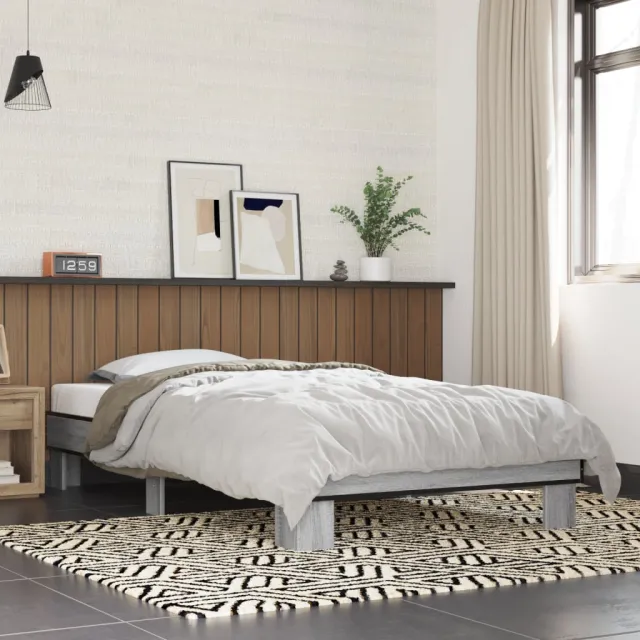 vidaXL Bedframe bewerkt hout en metaal grijs sonoma eiken 75x190 cm