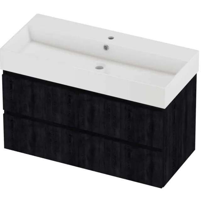 Proline Zara Badmeubelset Porselein Loft 1 Kraangat 100x46x65 cm Glans Wit Charcoal Oak Eiken